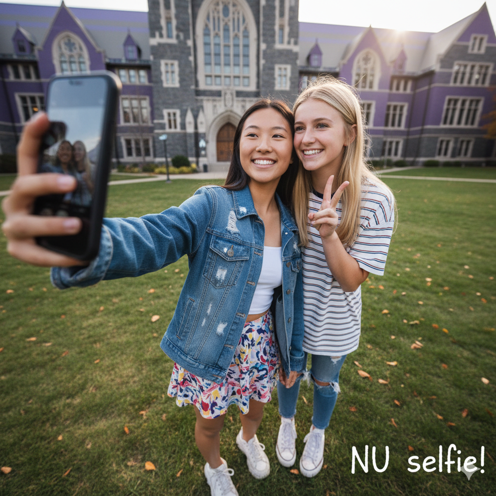 Happy Northwestern students on campus celebrating their acceptance